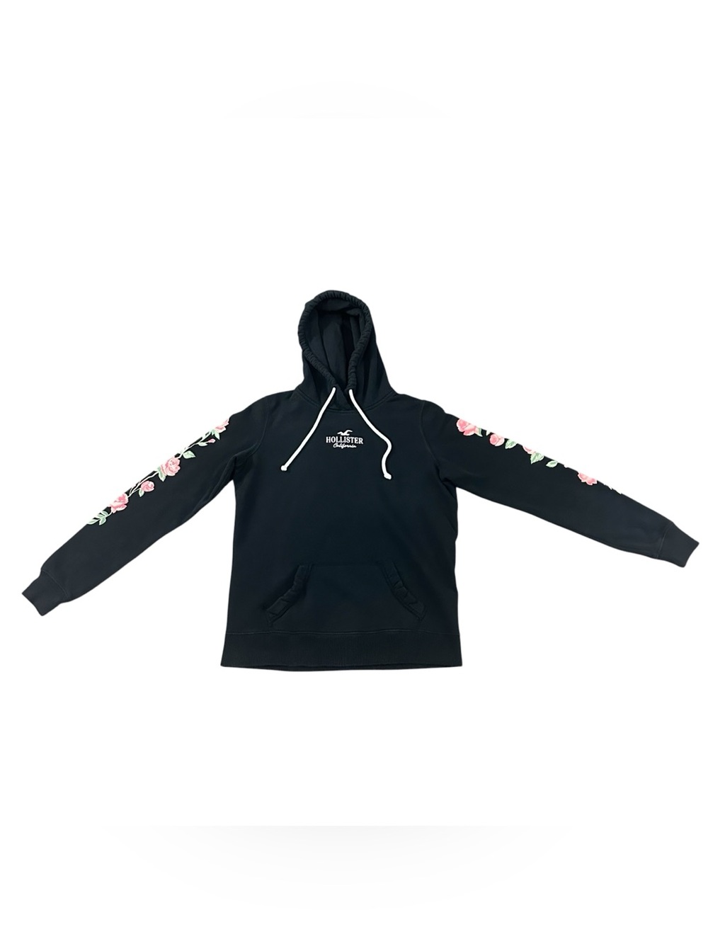 Hollister Women’s XS Black Floral Rose Sleeve Pullover Hoodie Sweatshirt